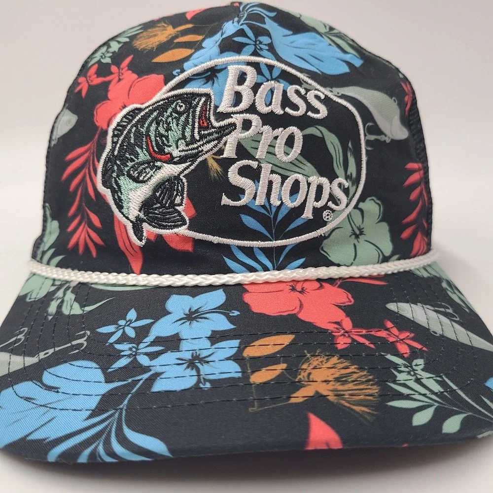 Bass Pro Shops Hat Snapback Trucker Mesh Black Floral Rope Tropical Fish Outdoor